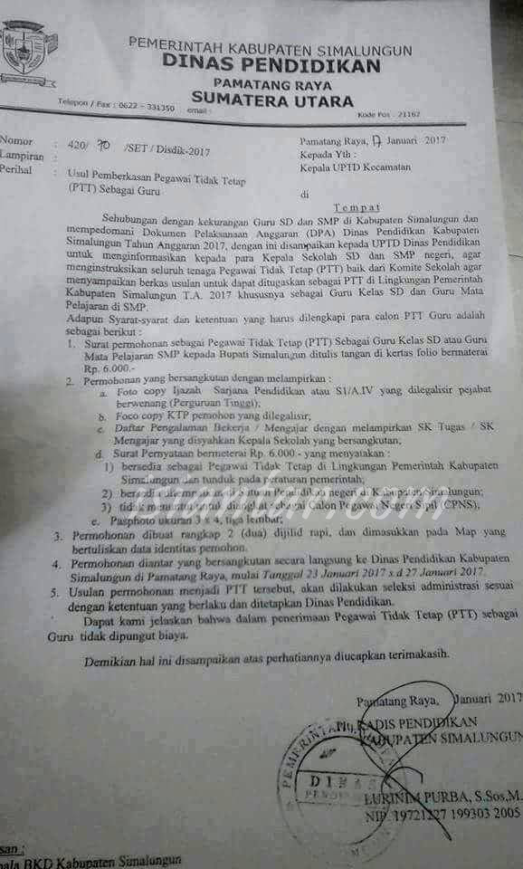 Surat Usulan Pemberkasan untuk PTT Guru