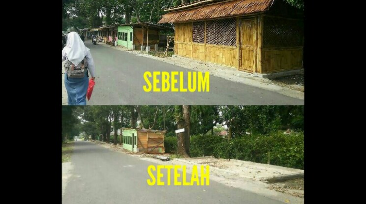 Foto kondisi Jalan Rajamin Purba sebelum dan setelah pembongkaran bangunan-bangunan ilegal.