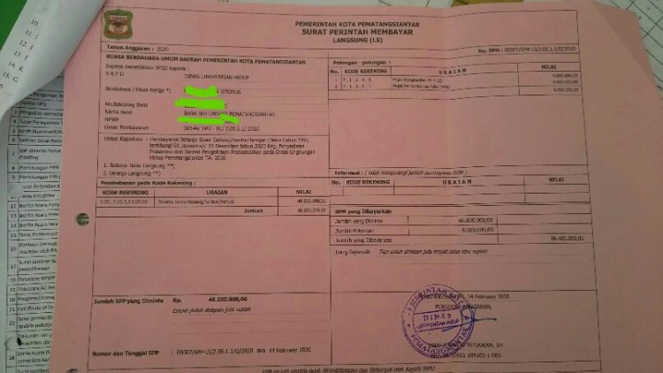 Dokumen Surat Perintah Membayar sewa lahan TPA Tanjung Pinggir. (isiantar/nda).