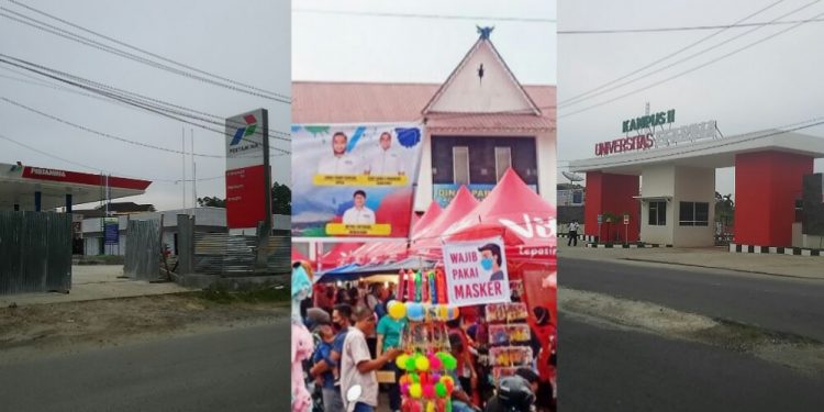 (Kiri ke Kanan) SPBU di Jalan Rakkuta Sembiring, Bazar di Parkir Pariwisata, Gedung Kampus Efarina di Jalan Pendeta J Wismar Saragih; Tiga objek yang izinnya diterbitkan Dinas Perizinan, yang dinilai menyalahi dan menimbulkan keresahan di masyarakat. (isiantar/nda).