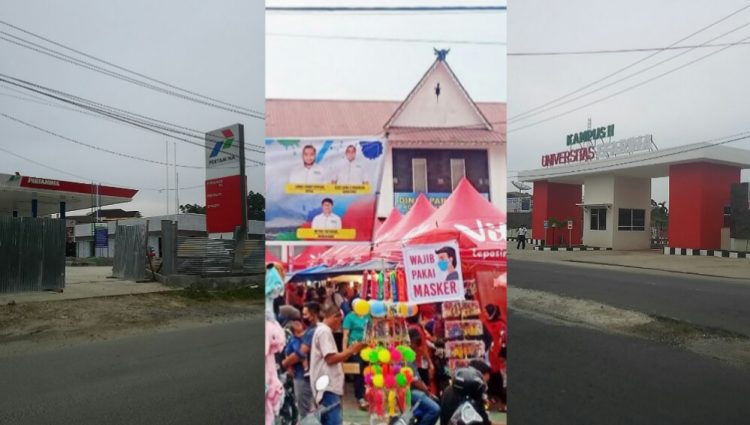 (Kiri ke Kanan) SPBU di Jalan Rakkuta Sembiring, Bazar di Parkir Pariwisata, Gedung Kampus Efarina di Jalan Pendeta J Wismar Saragih; Tiga objek yang izinnya diterbitkan Dinas Perizinan, yang dinilai menyalahi dan menimbulkan keresahan di masyarakat. (isiantar/nda).