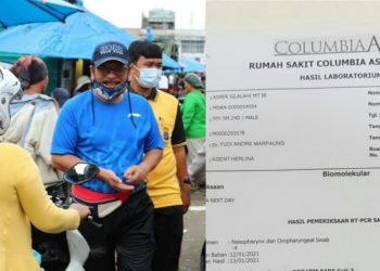 (Kiri) Asner Silalahi saat berkunjung ke Pajak Parluasan, (kanan) salinan hasil pemeriksaan laboratorium.