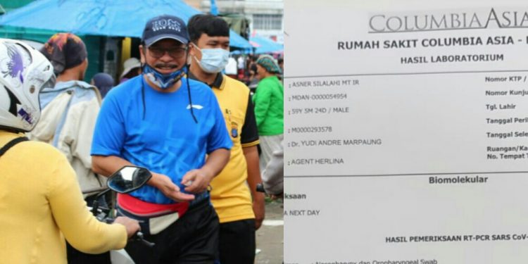 (Kiri) Asner Silalahi saat berkunjung ke Pajak Parluasan, (kanan) salinan hasil pemeriksaan laboratorium.