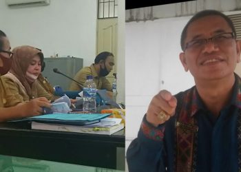 (Kiri) Kepala BPKD Siantar Masni Siregar diapit oleh Kabid Anggaran dan Kabid Pendapatan BPKD Siantar, Rosion Julietta Hutauruk dan Subrata Nata Lumbantobing. (Kanan) Anggota DPRD Kota Siantar, Ferry SP Sinamo. (isiantar/nda).