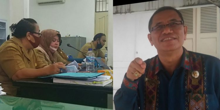 (Kiri) Kepala BPKD Siantar Masni Siregar diapit oleh Kabid Anggaran dan Kabid Pendapatan BPKD Siantar, Rosion Julietta Hutauruk dan Subrata Nata Lumbantobing. (Kanan) Anggota DPRD Kota Siantar, Ferry SP Sinamo. (isiantar/nda).