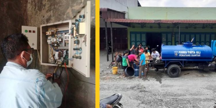 (Kiri) Tim teknis Perumda Tirtauli tengah berupaya agar pompa air normal kembali, (kanan) mobil tangki gratis tengah melayani masyarakat Karangsari sekitarnya, Selasa (7/12/2021).