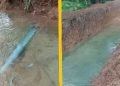 Pipa distribusi milik Perumda Tirtauli yang bocor akibat pengerukan tanah membuat lubang kerukan tergenang air.