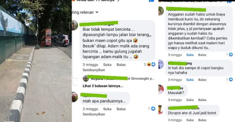 Cuplikan sebagian protes masyarakat terhadap dicopotnya deretan bangku-bangku besi di Jalan MH Sitorus. (isiantar/nda).