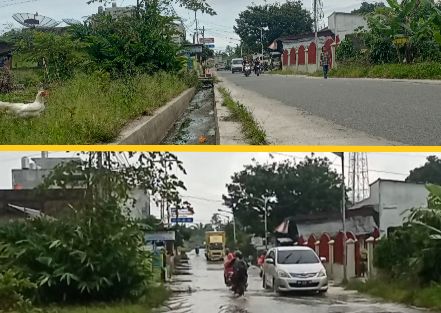 (Atas) Saat tidak hujan tampak genangan air dan lumpur di hulu parit, (bawah) kondisi saat hujan turun baru sebentar.