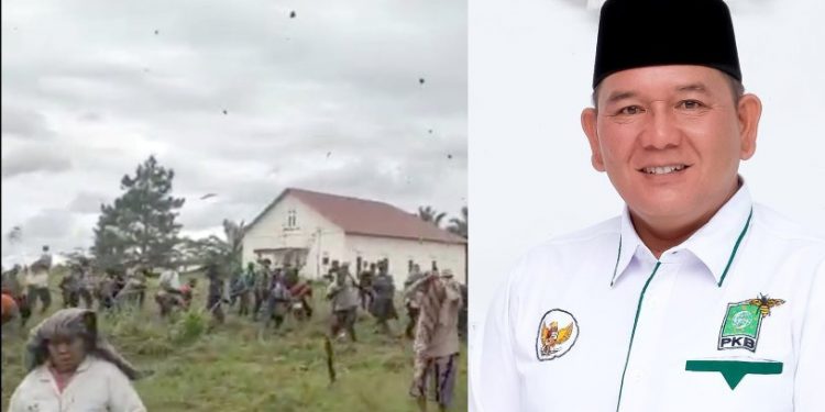 (Kiri) Beberapa ibu masyarakat Gurilla menyelamatkan diri saat dilempari, (kanan) Ketua DPC PKB Kota Pematang Siantar.