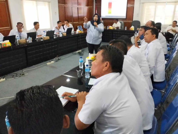 Dra. Nanis Setiani (berdiri di tengah) sedang menyampaikan tinjauannya atas dokumen RPAM Perumda Tirtauli yang akan direvisi.