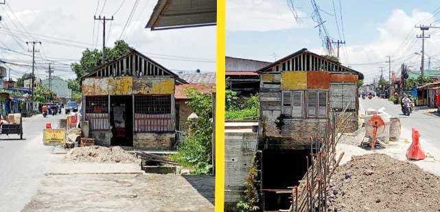 Bangunan warung di Rambung Merah yang diprotes oleh warga karena berdiri di atas drainase dan sempadan jalan. (nda)