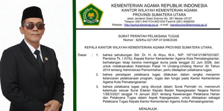 (Kiri) Ketua PD MDI Kota Pematangsiantar, Zainul Arifin Siregar. (Kanan) Surat Perintah Pelaksana Tugas yang diterbitkan Kepala Kantor Wilayah Kementerian Agama Provinsi Sumatera Utara.